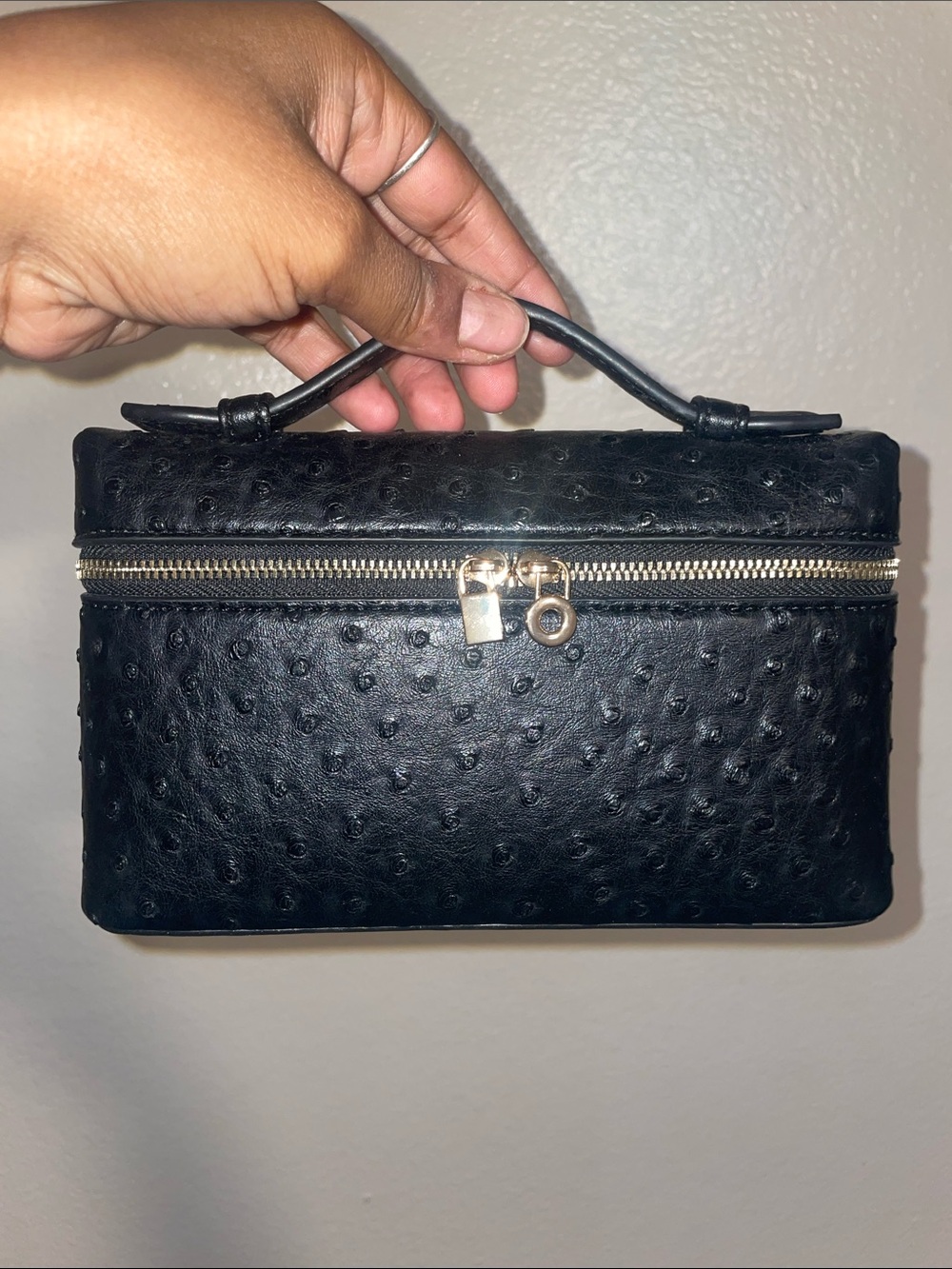 Black Textured Top-Handle Cosmetic Bag - Classic Travel Case